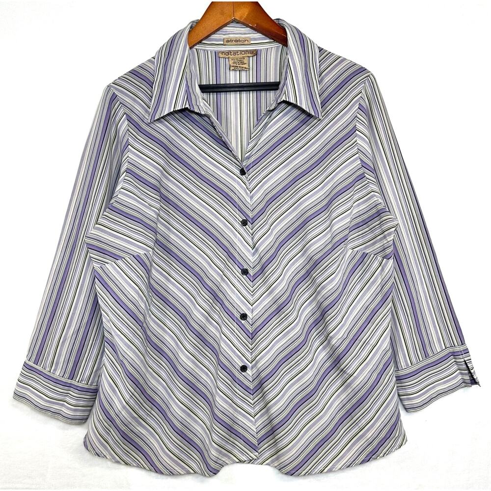 Y2K Notations XL Purple Striped Top Buttoned Asymmetrical Stretch Work 3/4 90s